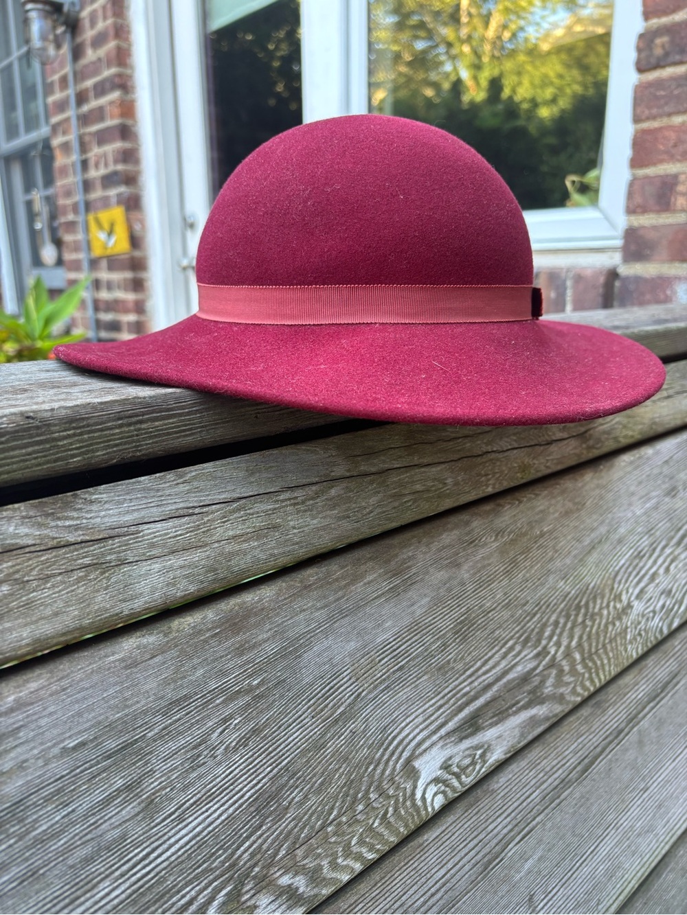 Adolfo Burgundy Felt Wide-Brim Hat with Ribbon Band